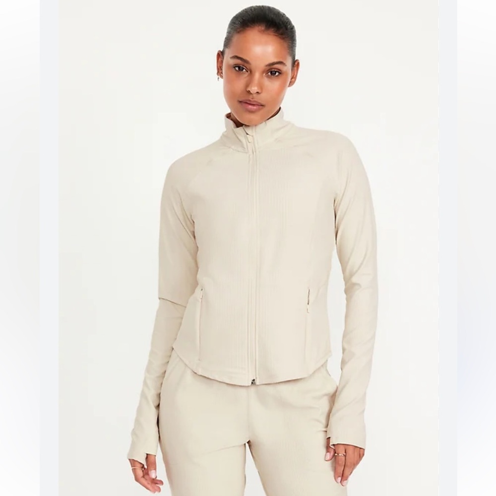 Old Navy PowerSoft Full Zip Athletic Jacket Beige Small Zip-Up Activewear